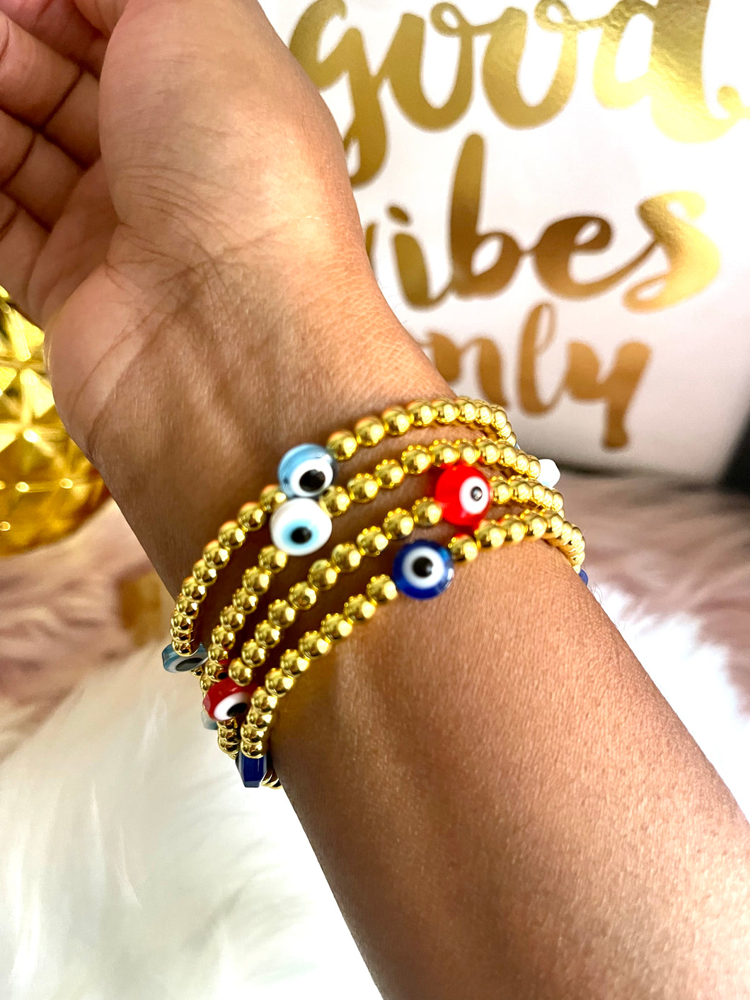 Evil Eye Gold Bead Bracelet